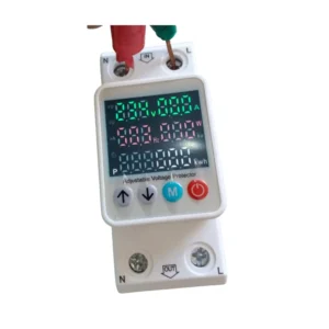 digital adjustable voltage protector device with display showing voltage current frequency and power protection